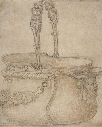 Design for a Bucket-Like Vessel with a Handle of Two Interlaced Captives, on a Body Adorned with a Scroll, Garland, and a Spout with a Satyr’s Head
