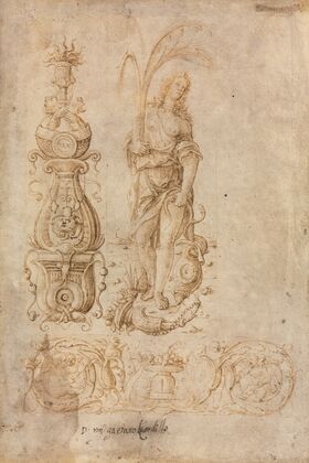 Design for a Candelabrum, Allegorical Figure of Abundance, Ornamental Relief Design (c. 1490s)