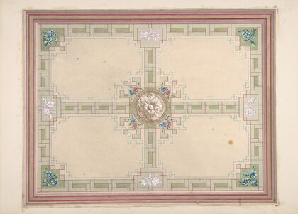 Design for a ceiling with floral accents and Greek key border