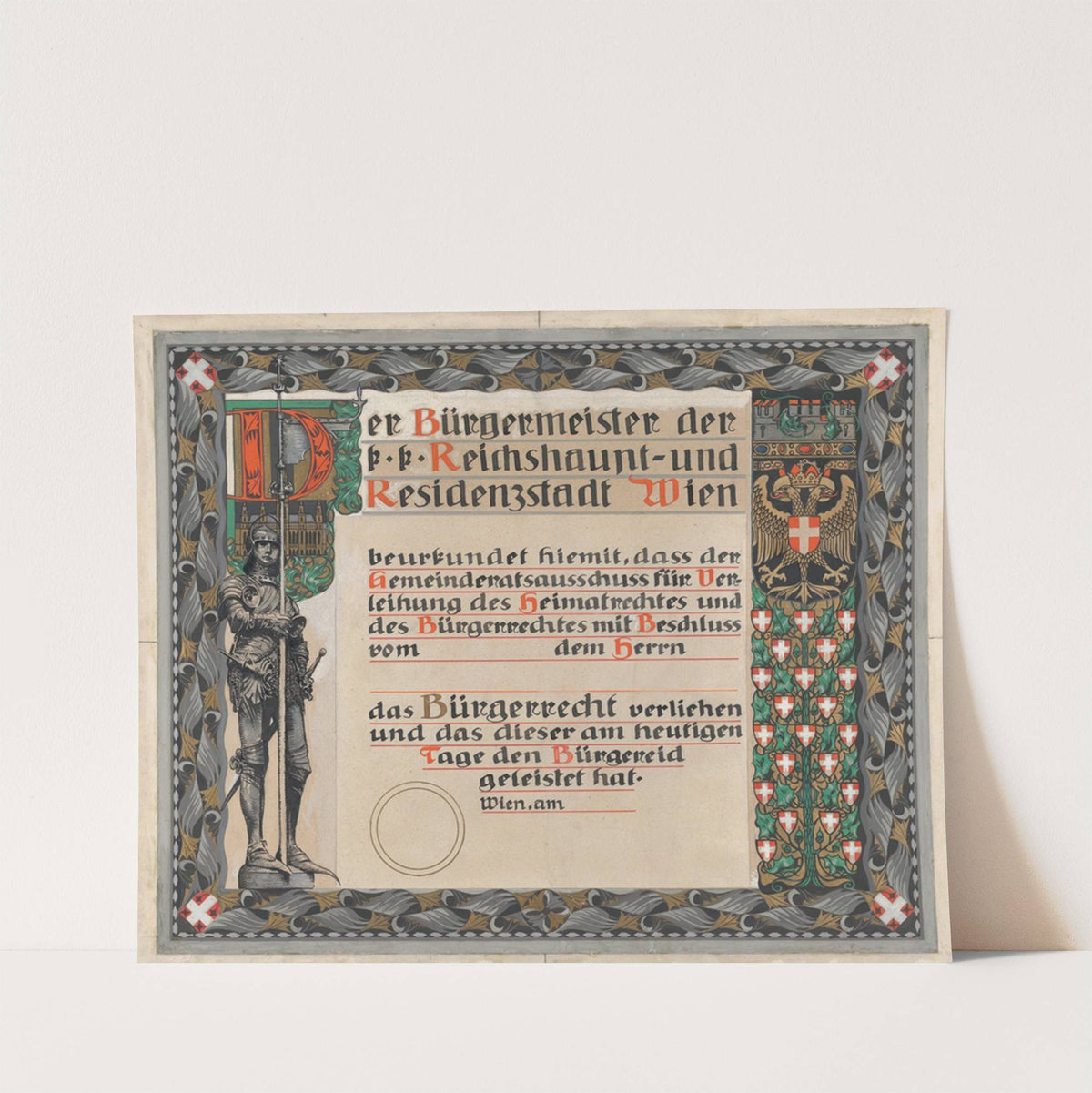 Design for a certificate of citizenship, awarded by the city of Vienna by Erwin Puchinger