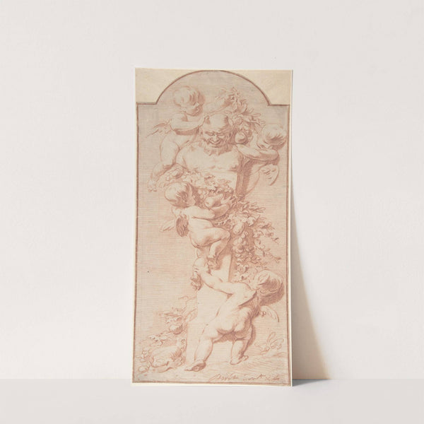 Design for a Panel with Four Putti Decorating a Herm (Terminal Figure) with Garlands of Fruit and Foliage by Jacob de Wit