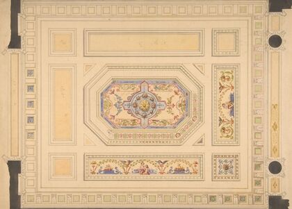 Design for a paneled ceiling painted with putti, birds, and floral motifs