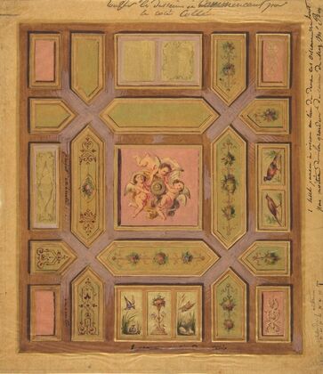 Design for a paneled ceiling painted with putti, birds, and floral motifs on tracing paper; mounted on wove paper