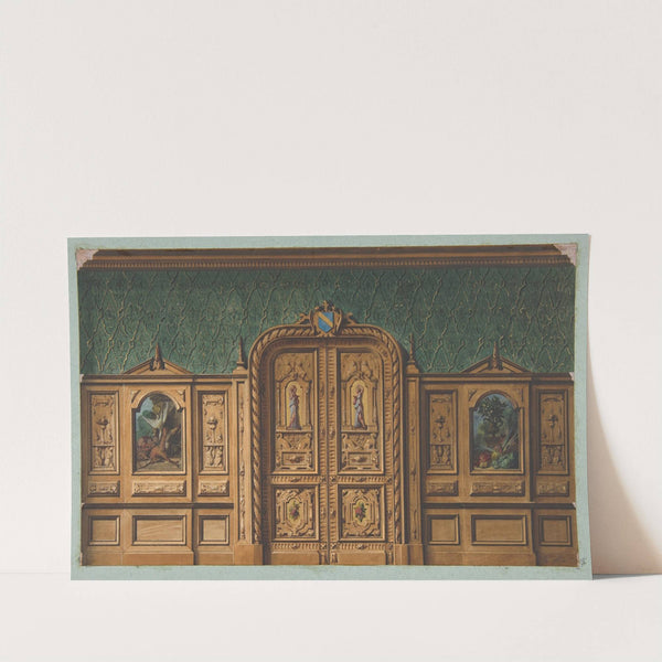 Design for a room with wood panels inset with paintings and a heavily-carved double door by Jules-Edmond-Charles Lachaise