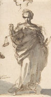 Design for a Statue of Justice with Sketches at Left and Above