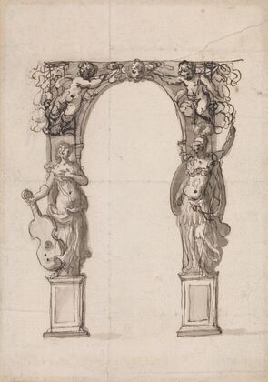 Design for a Temporary Arch Ornamented with Putti and Allegorical Figures of Music and War