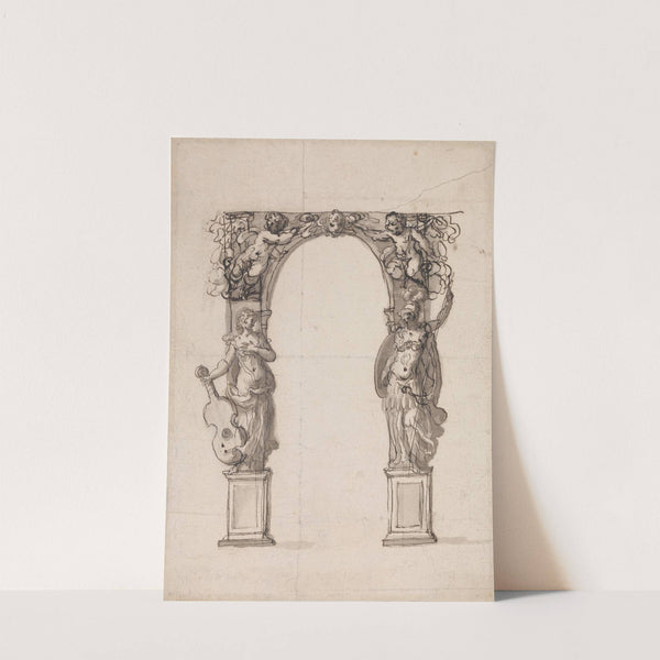 Design for a Temporary Arch Ornamented with Putti and Allegorical Figures of Music and War by Inigo Jones
