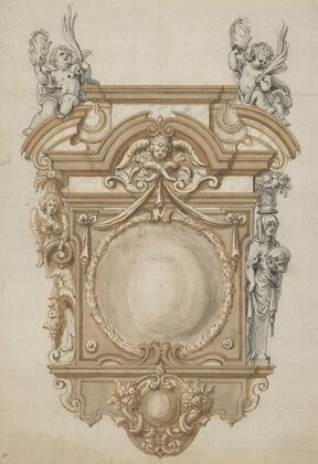 Design for an Epitaph with a Variant, flanked by Terms and surmounted by statues of Cherubs