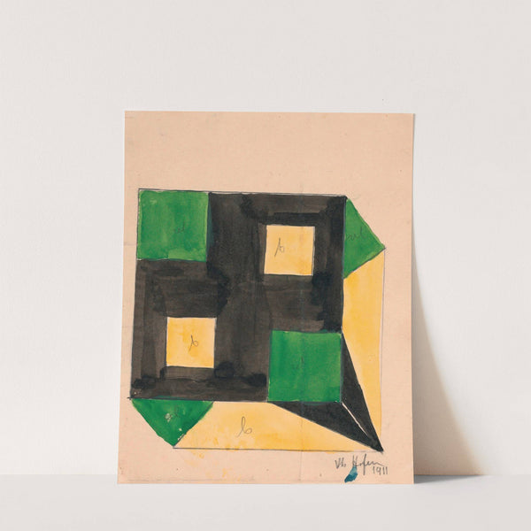 Design for Tablecloth with Green and Yellow Squares on Black Ground by Anonymous