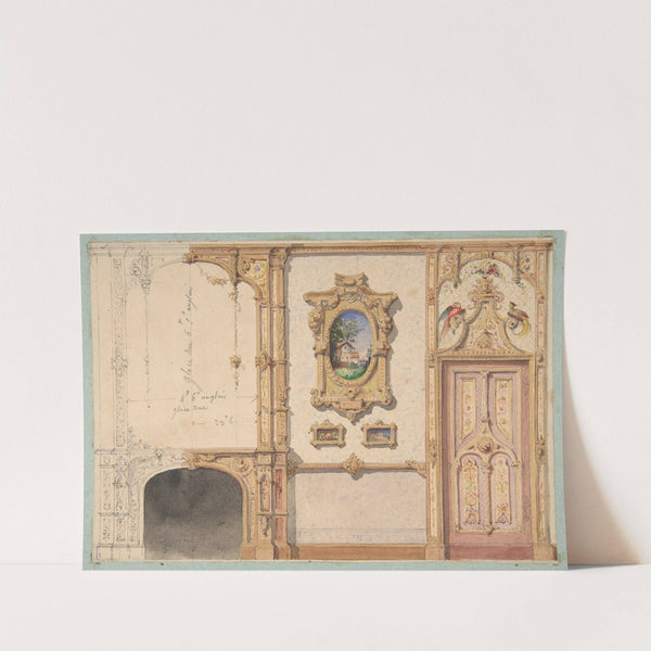 Design for the decoration of a wall punctuated by a fireplace and a door and hung with gold-framed pictures by Jules-Edmond-Charles Lachaise