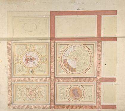 Design for the decoration of the ceiling of a vestibule in painted panels with roman key borders
