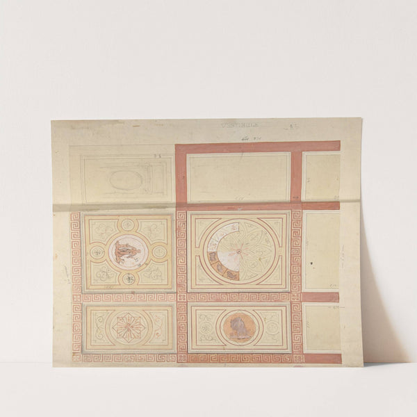 Design for the decoration of the ceiling of a vestibule in painted panels with roman key borders by Jules-Edmond-Charles Lachaise