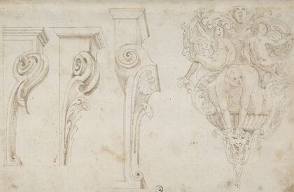 Design for Three Consoles Decorated with Foliage and Volutes and a Console with a Satyr Head Surmounted by Three Human Figures, Garland and Foliage