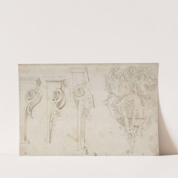 Design for Three Consoles Decorated with Foliage and Volutes and a Console with a Satyr Head Surmounted by Three Human Figures, Garland and Foliage by Agostino Mitelli