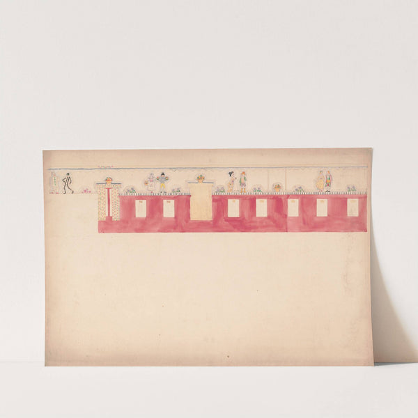 Design for unidentified commercial interior, possibly restaurant or bakery. Elevation with frieze of paired figures by Winold Reiss