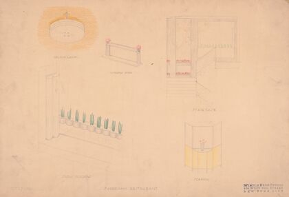 Designs for interior of Shoreham Restaurant. Perspectives and elevations for ceiling lamp, show window, window sign, staircase, and screen renderings