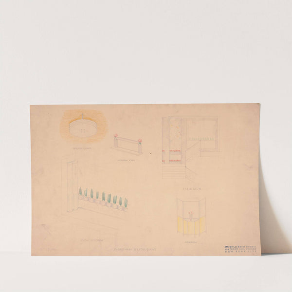 Designs for interior of Shoreham Restaurant. Perspectives and elevations for ceiling lamp, show window, window sign, staircase, and screen renderings by Winold Reiss