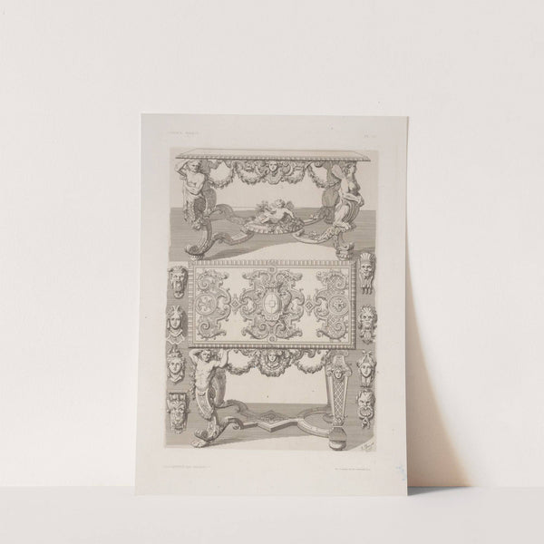 Designs for tables with elaborately carved supports; designs of heads. by André-Charles Boulle