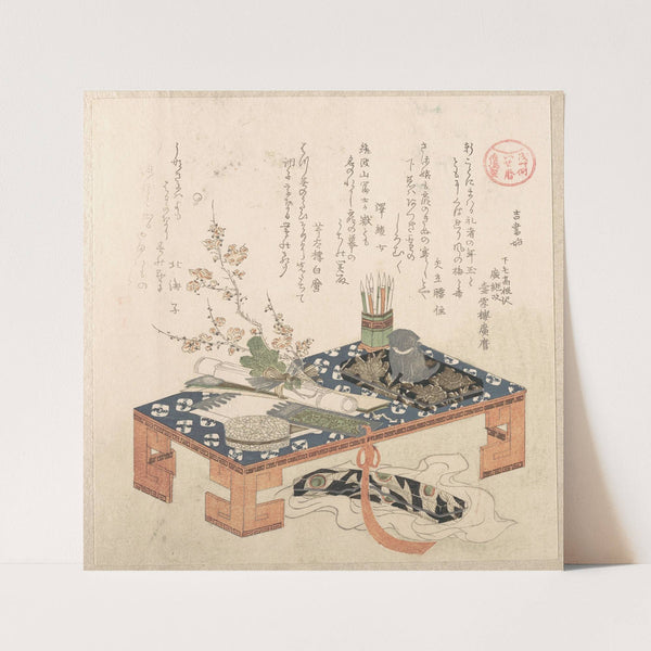 Desk with Writing Set and Plum Flowers (1814) by Kubo Shunman