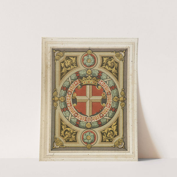 Détail de vitrail à motifs héraldiques écusson à croix blanche sur fond rouge, couronne ducale by Laurent Gsell