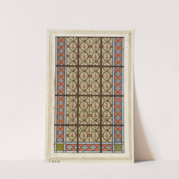 Détail de vitrail (partie inférieure de fenêtre) entrelacs sur fond gris, entourage à fond rouge by Laurent Gsell