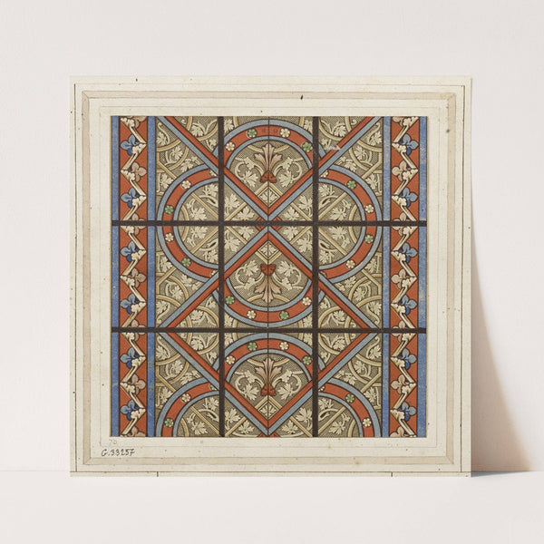 Détail d’un vitrail quadrilobes et losanges rouges et bleus entrelacés sur fond gris by Laurent Gsell