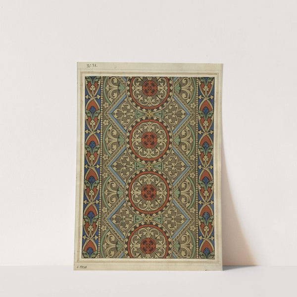 Détail d’une fenêtre rosaces rouges sur fondgris, entourage à fond bleu et rouge by Laurent Gsell