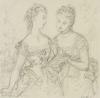 Deux jeunes filles en robes à volants lisant une lettre (1873)
