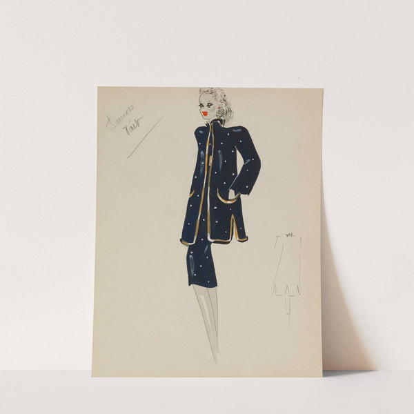 Deux pièces bleu marine à pois blancs et bordure dorée (1938) by M. P. Leven