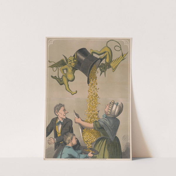 Devils pouring gold coins from hat into woman’s apron and boy’s hat (1870) by Warren, Johnson & Co.