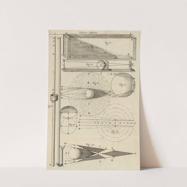 Diagram of experiments to study inflection and refraction (1665) by Robert Hooke