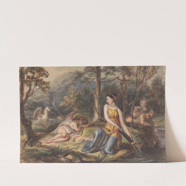 Diana, Goddess of the Hunt, with Satyrs, sleeping Cupid and a Pegasus in a Wooded Landscape by Robert Smirke