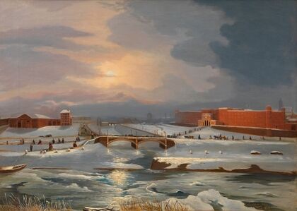 Die Franz Josephs-Kaserne mit Hauptzollamt und Radetzkybrücke im Winter (1862)