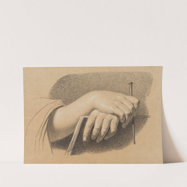 Die Hände eines Zeichners mit Stift, über dem Zeichenheft verschränkt by Philipp Jakob Becker