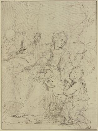 Die Heilige Familie, der Heilige Joseph liest in einem Buch, der Johannesknabe betet das Jesuskind an