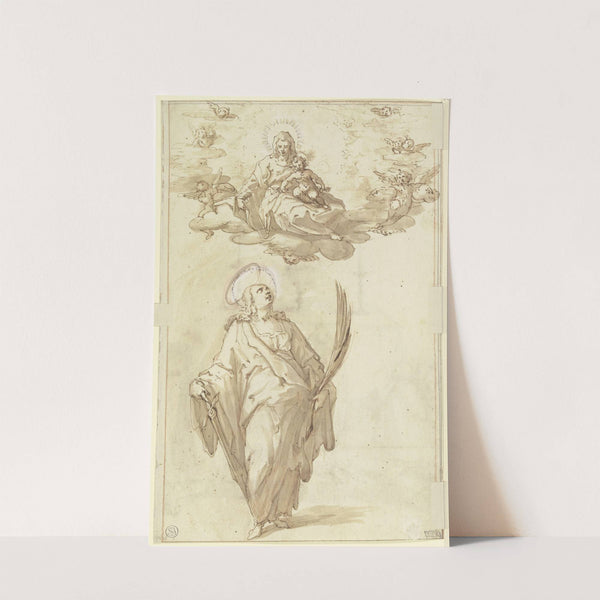 Die Heilige Katharina mit der Palme und dem Schwert, oben in den Wolken Maria mit dem Jesuskind und Engeln by Hans Rottenhammer