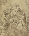 Die Muttergottes mit dem Jesuskind von Heiligen und Engeln umgeben, ein Engel gießt Wasser aus