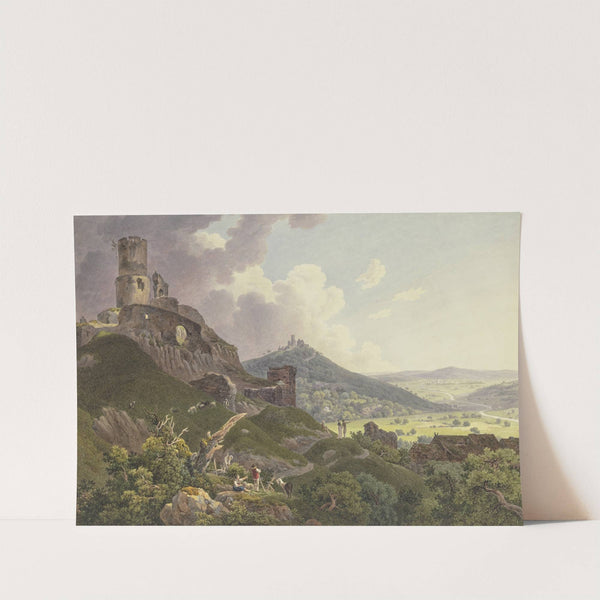 Die Ruinen Gleiberg und Vetzberg bei Gießen, links die beiden Burgruinen auf Bergen, rechts ein weites Tal, im Vordergrund Ausflügler und Hirten by Friedrich Christian Reinermann