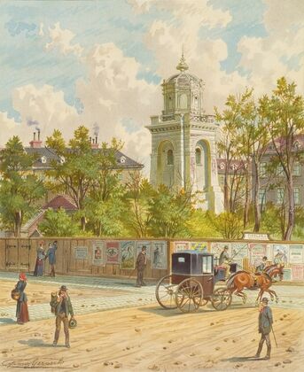 Die Währinger Straße in Wien (mit dem Turm der Ferdinands-Wasserleitung)