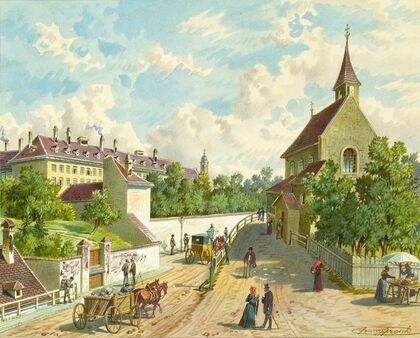 Die Währinger StraÃe in Wien mit dem Versorgungshaus ‘Zum Blauen Herrgott’ und der ‘Krawoten-Kapelle’