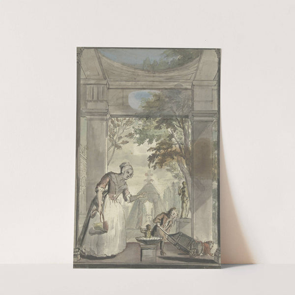 Dienstmaagd bij jongen die kind uit kruiwagen laat tuimelen by Elias van Nijmegen