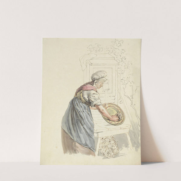 Dienstmeid die bij een waterpomp een schaal afwast (1811 - 1873) by Pieter van Loon
