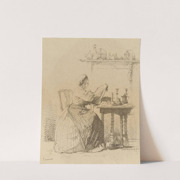 Dienstmeisje dat aan tafel zit te poetsen. by Alexander Hugo Bakker Korff