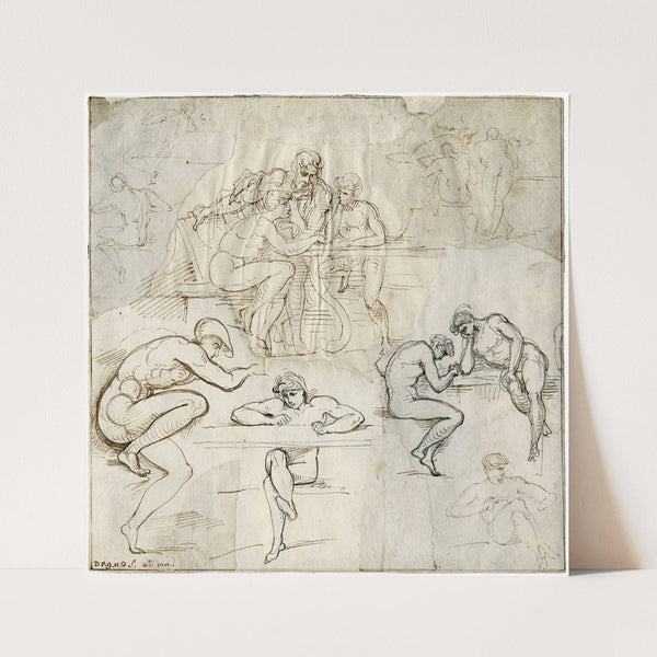 Diverse naaktfiguren in diverse houdingen aan tafel by David Humbert de Superville