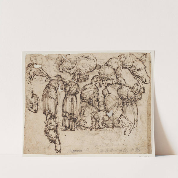 Diverse studier til i alt 7 personer Bla til kvinder, der bærer knipper, og til en mand med en kniv, samt til et æsels- og to hundehoveder og en liggende hund by Giulio Cesare Procaccini