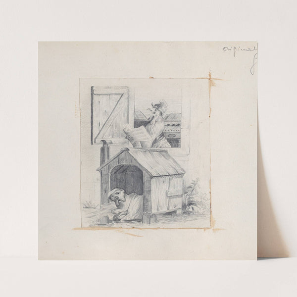 Dog in doghouse; cock singing at window by J. J. Grandville