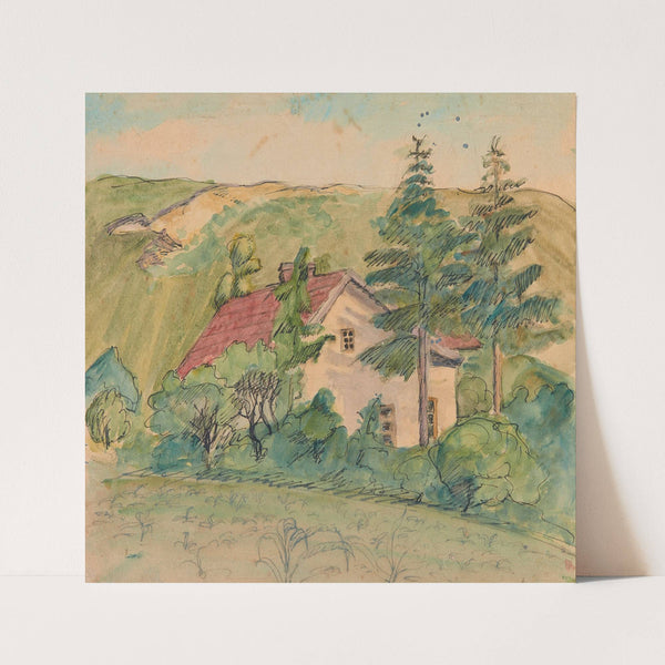 Dom wśród drzew na tle wzgórza by Sofija Paraszczuk