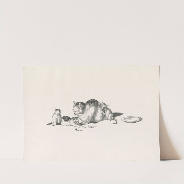 Domestic cat napping with three playful kittens and a saucer on the right (1820-1860) by Gottfried Mind
