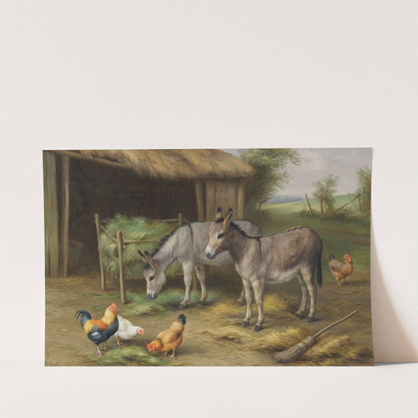Donkeys and chickens in a farmyard by Edgar Hunt