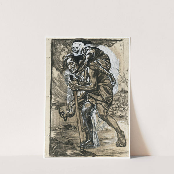 Door het water wadende man met skelet op de rug by Johannes Josephus Aarts